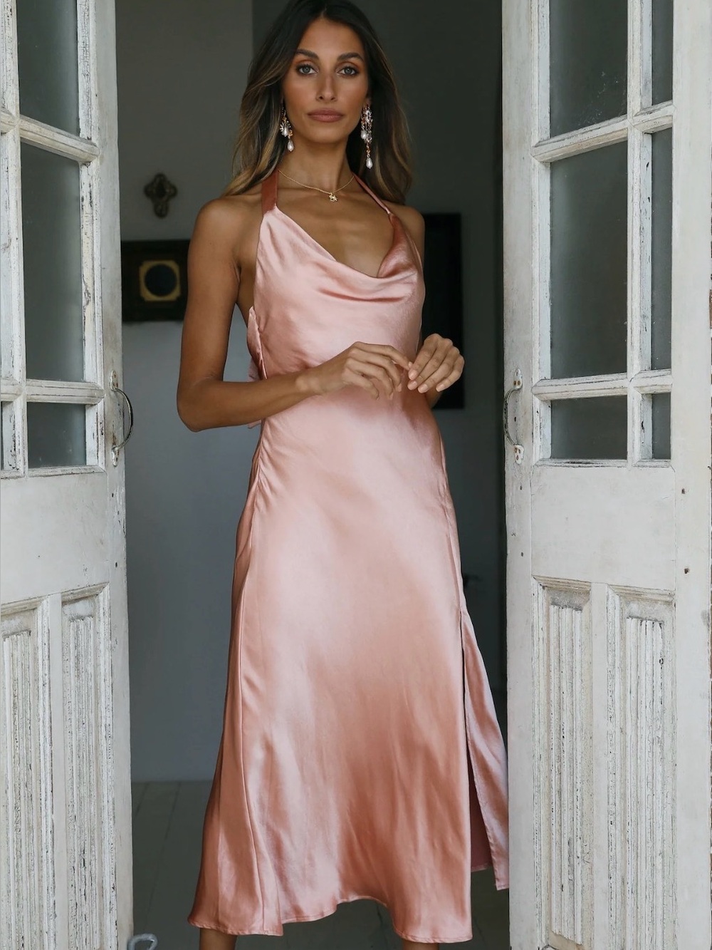 Hello Molly Peach Satin Slip Maxi Dress